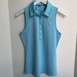 Under Armour Heat Gear Slvless Fitted Stripped Golf Top Turquoise Blue+Wht Sz S